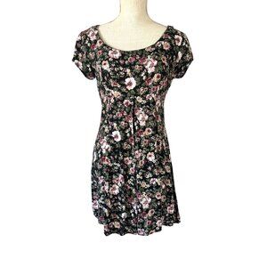 Vintage 90s All That Jazz Black Mink Floral Short Sleeve Short Dress Medium